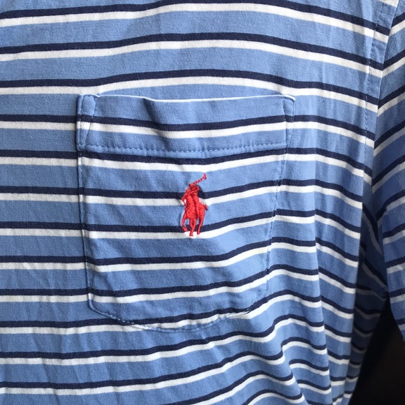 🚨B2G1 POLO RALPH LAUREN Baby Blue Dark Blue White Striped Short Sleeve Polo Top - Picture 3 of 4